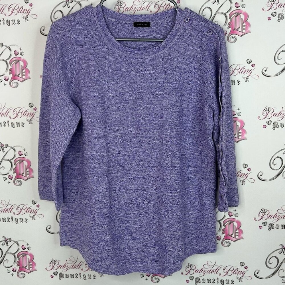 Talbots Lavender Knit Top with Shoulder Buttons heathered purple white fabric